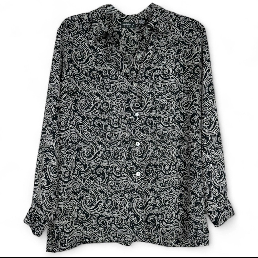 Liz Claiborne Classics Black Button Down Shirt Blouse Long Sleeve Womens Sz 12
